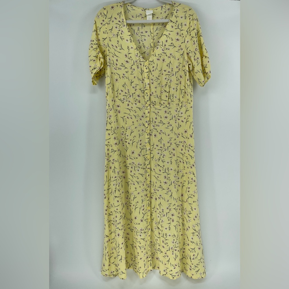H&M Button-Front Midi Dress in Pastel Yellow Floral, 90s Vibes, Women's 10